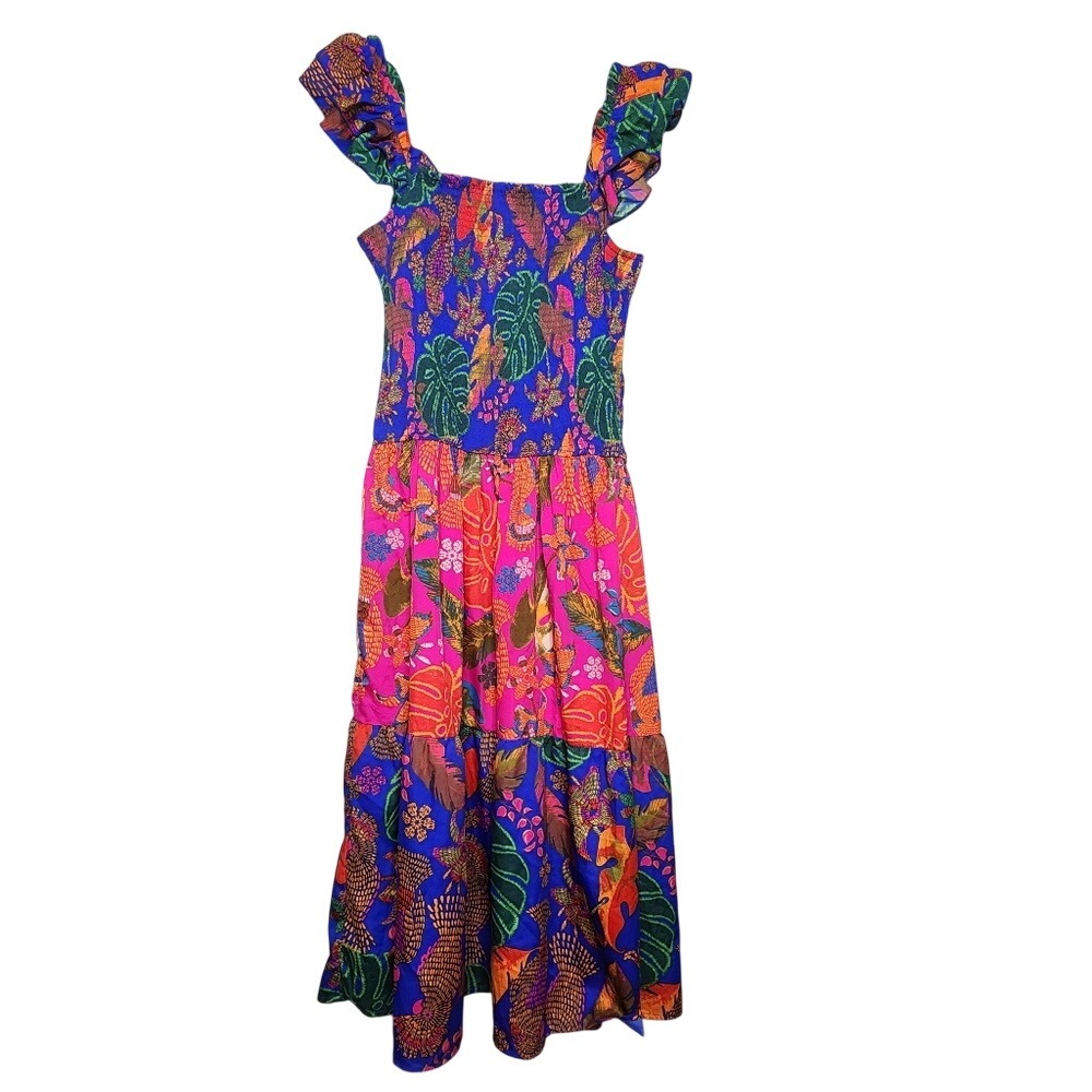 Truth NYC Blue‎ Pink Tropical Dress Boho Milkmaid Cottage Smocked Ruffle Hem XL